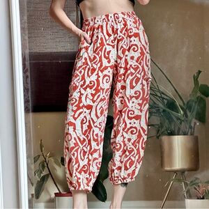 Haute Hippie Boho Orange and White Abstract Linen   Parachute Pants
